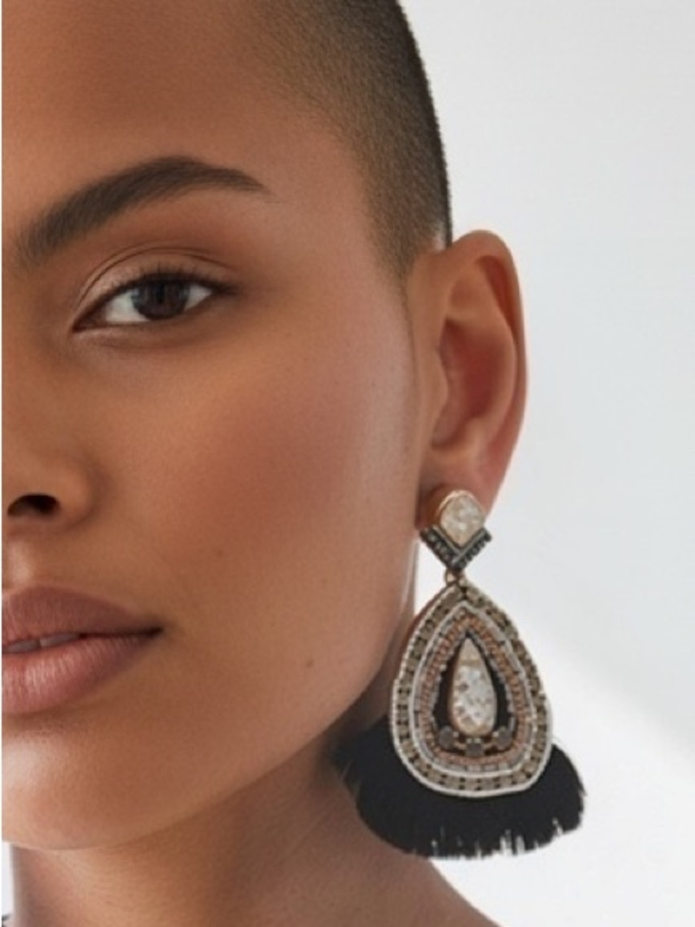 STELLA & DOT BLACK FEATHER GLASS BEADED TEARDROP STATEMENT DROP EARRINGS BOHO